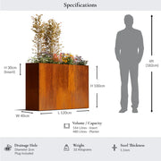 120cm Long Corten Steel 100cm Tall Trough Planter With Plate